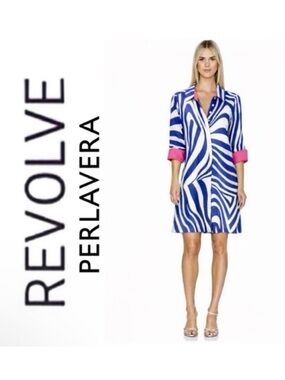 NWT Revolve x Perlavera Blue and White Clara Zebra-Print Button Down Shirt Dress